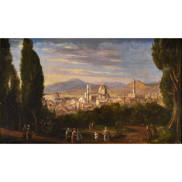 18th-19th century landscape painter Panoramic View of Florence Oil on canvas 32 x 51 cm. - Gilded frame 42 x 63 cm....