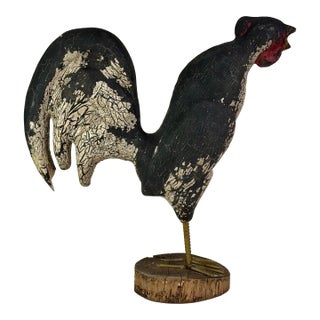 Early 20th Century Majestic Primitive Folk Art Hand Carved Vintage Wooden Rooster Sculpture With Original Paint For Sale