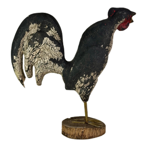 Early 20th Century Majestic Primitive Folk Art Hand Carved Vintage Wooden Rooster Sculpture With Original Paint