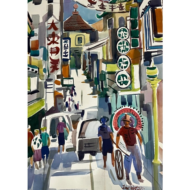 1960s Vintage Tino Pontrelli Modern Watercolor Painting of Chinatown in San Francisco For Sale - Image 5 of 6