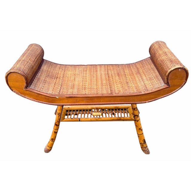 Vintage Tortoise Bamboo and Rattan Weave Scrolling Curved Bench For Sale - Image 4 of 8