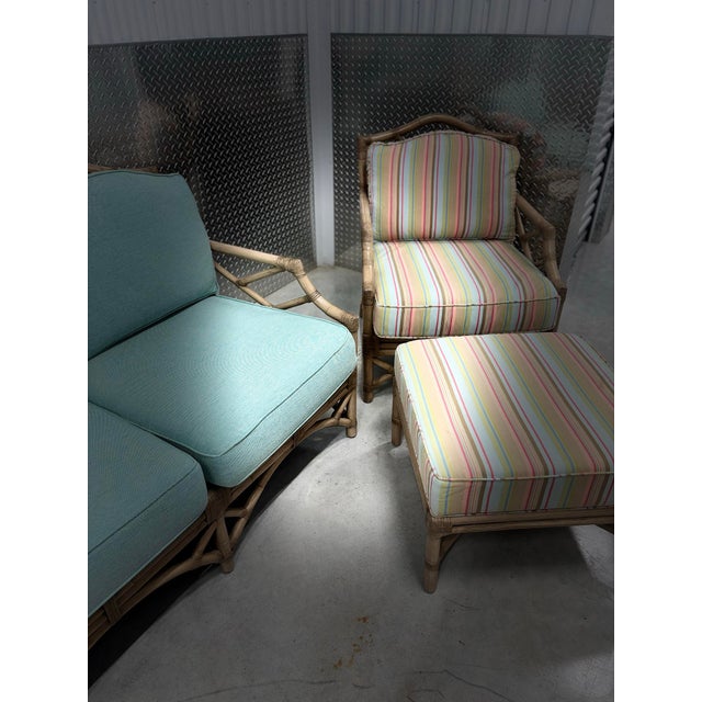 Camel David Francis Attributed Chippendale Rattan Sofa Set. Couch, Chair and Ottoman, Used, Like New, for Fraction of Price. For Sale - Image 8 of 12