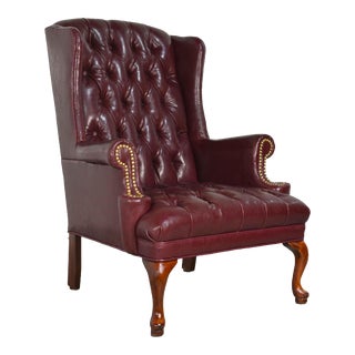 Vintage Traditional Button Tufted Oxblood Leather Wingback Library Chair For Sale