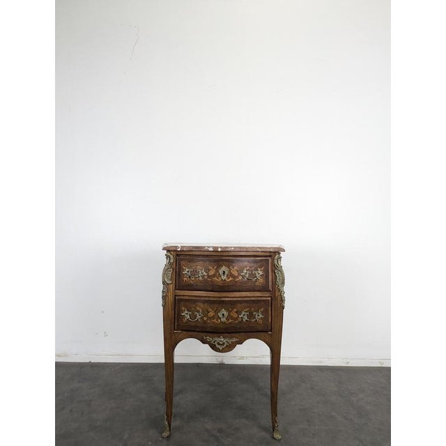 Small Louis XV Style Commode with Marquetry and Red Marble Top, in Very Good conditions.