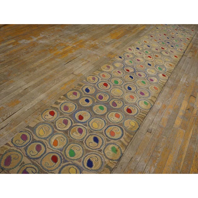 American 1930s Tans Sand Circles Folk Art Antique American Hooked Rug 2' 6'' X 12' 9'' Woven Wool Carpet For Sale - Image 3 of 12