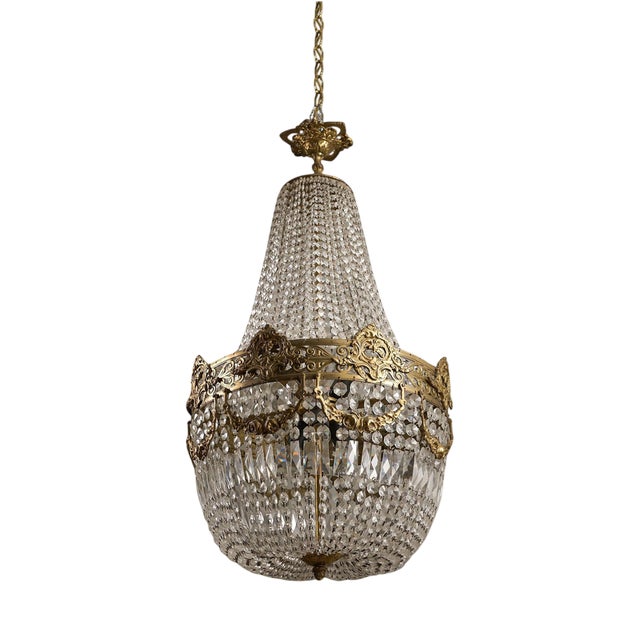Monumental Sac à Perles Crystal Chandelier with Neoclassical Brass Frieze, 1950s For Sale