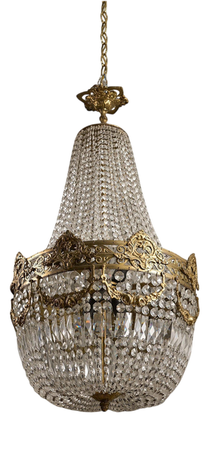 Monumental Sac à Perles Crystal Chandelier with Neoclassical Brass Frieze, 1950s
