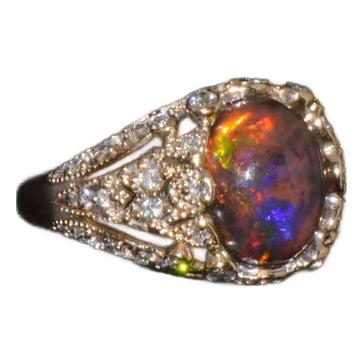 Certified Natural 2.75Cts VS F Diamond Black Opal 18K Solid Gold Bombay Dome Ring, size 6.5 For Sale