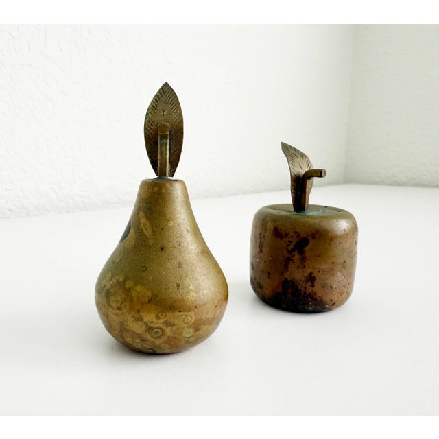 Brass Vintage Aged Brass Apple & Pear Salt & Pepper Shakers - A Set For Sale - Image 8 of 9