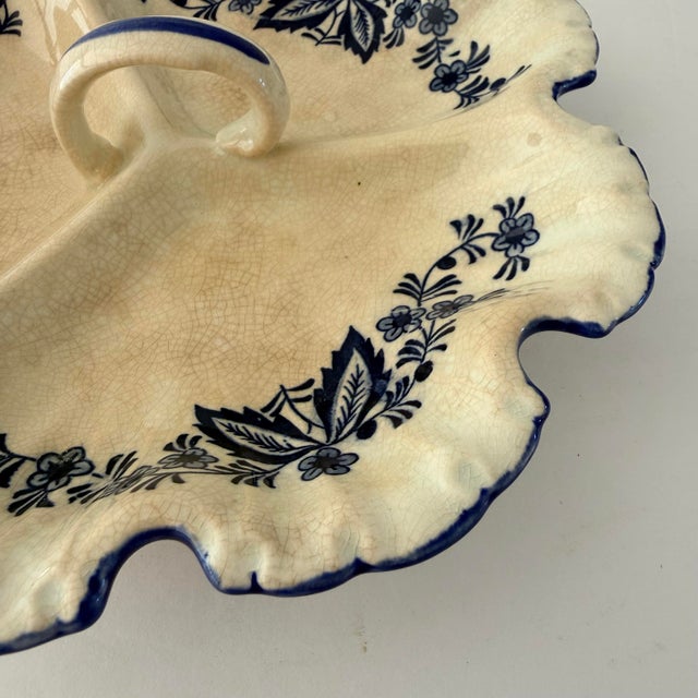 Vintage Blue and White Floral Divided Relish Dish With Scalloped Rim For Sale - Image 4 of 10