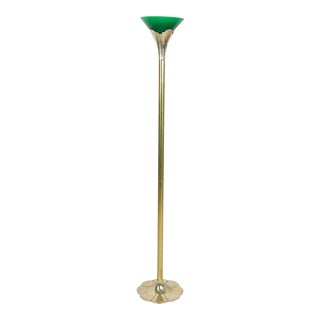 Vintage Art DecoTrumpet Brass Floor Lamp With Green Glass Shade For Sale