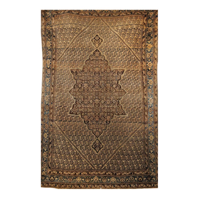 Antique Persian Senneh Area Rug, Hand-Knotted Wool, Paisley Medallion Pattern, Chocolate Brown & Light Blue, 4x7 For Sale