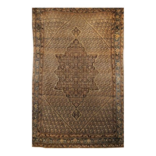 Antique Senneh Area Rug, Hand-Knotted Wool, Paisley Medallion Pattern, Chocolate Brown & Light Blue, 4x7 For Sale