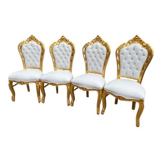 Vintage Italian Baroque Gold Beech Dining Chairs in White Leather – Set of 4 For Sale