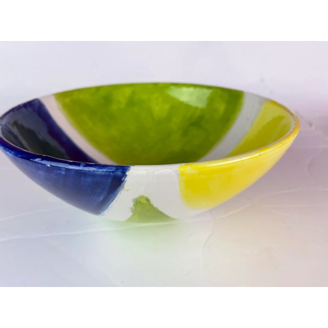 Blue Handcrafted Modern Ceramic Yellow Blue Green Geometric Bowl For Sale - Image 8 of 11