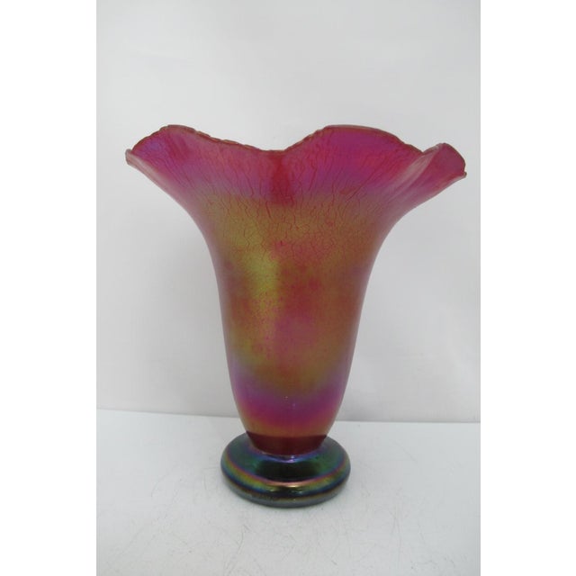 Donald Carlson Iridescent Art Glass Ruffled Trumpet Vase For Sale - Image 9 of 13