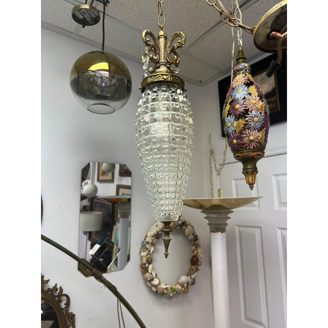 Hollywood Regency 1970s Cut Glass and Brass Hanging Pendants - a Pair For Sale - Image 3 of 9