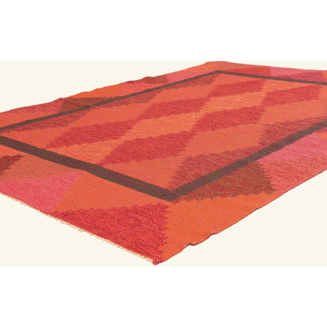 79784 Vintage Swedish Rollakan Rug, 04'08 x 06'07. The Harlequin Flame: A Vintage Swedish Röllakan Masterpiece of Modern...