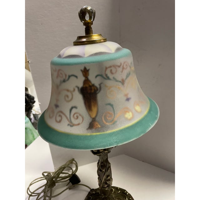 Sky Blue 1930s Art Deco Signed Pairpoint Reverse Painted Lamp W/Bronze Base For Sale - Image 8 of 12