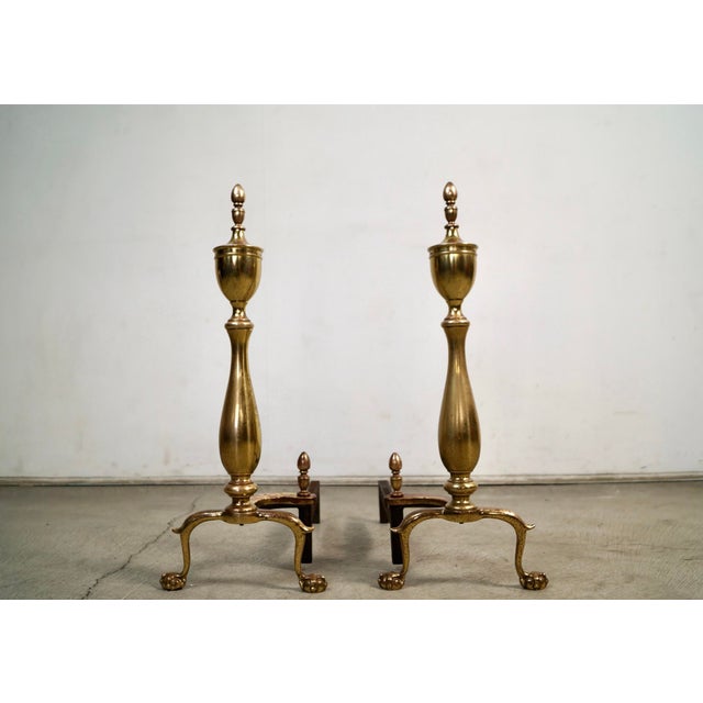 Hollywood Regency 1930’s Solid Brass & Iron Andirons by Bennett - A Pair For Sale - Image 3 of 12