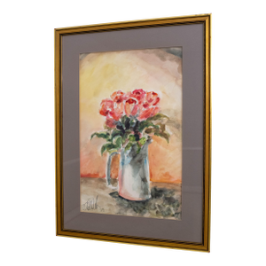 Abstract Red Roses in Pitcher Watercolor Painting Signed