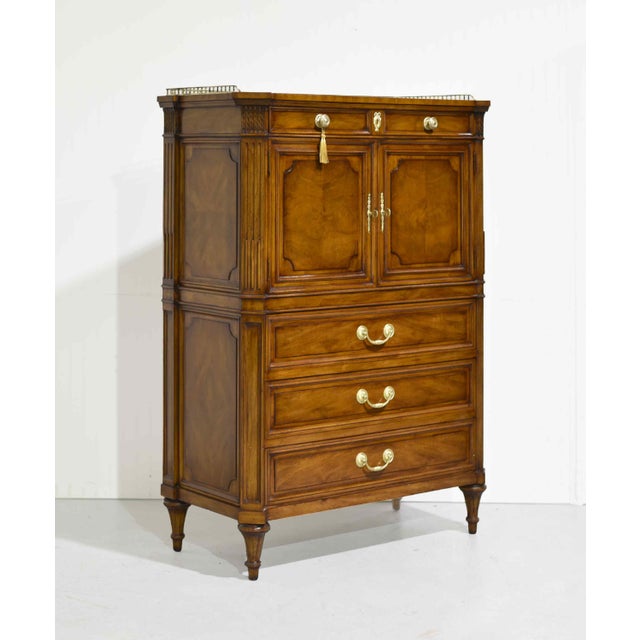 Traditional Mid Century French Regency Burled Walnut 9-Drawer Highboy With Brass Hardware by Karges Indiana For Sale - Image 3 of 16