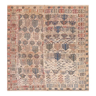 1900s Ivory Geometric Kilim Antique Caucasian Verneh Rug 5' 10" X 5' 10" Flatweave Wool Carpet For Sale