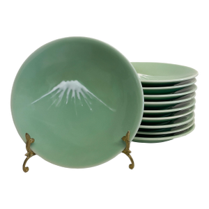 Early 1900s Antique Japanese Nabeshima Mt Fuji Celadon Pottery Plates- Set of 10