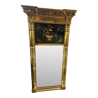 Antique Federal Empire Giltwood Hanging Wall Mirror With Reverse Painted Still Life Panel For Sale