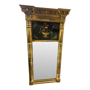 Antique Federal Empire Giltwood Hanging Wall Mirror With Reverse Painted Still Life Panel