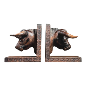 Vintage Folk Art Hand Carved Wood Bull Bookends