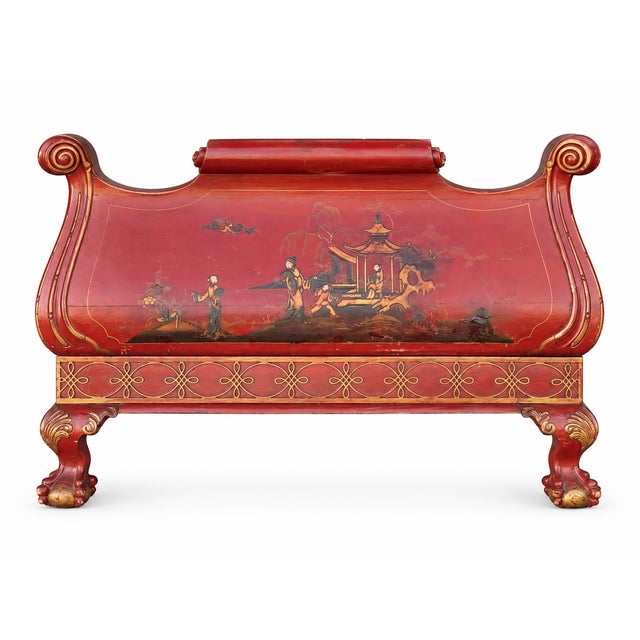 Red 1930s Georgian Style Ball & Claw Red Chinoiserie Twin Bed Frames - Pair For Sale - Image 8 of 9