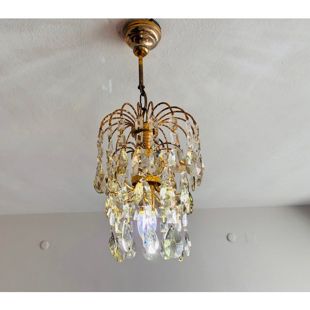 1970s French Style Hand-Painted Soft Green Crystal Waterfall Brass Chandelier For Sale - Image 9 of 9