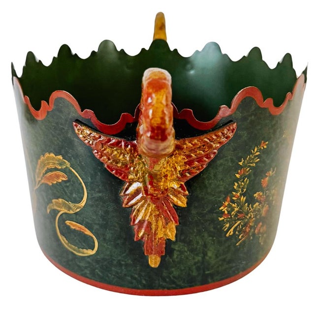 Vintage Italian Tole Hand Painted Faux Malachite Green Oval Jardiniere For Sale - Image 4 of 8