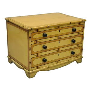 Antique Yellow Painted Cottage Primitive Folk Art Small Trunk Faux Spool Cabinet