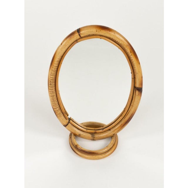 Glass Mid-Century Oval Table Vanity Mirror in Bamboo and Rattan, Italy, 1970s For Sale - Image 7 of 13