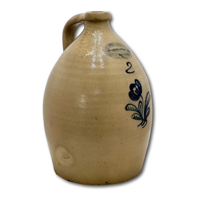 Blue Outstanding Antique 2 Gallon Blue Flower Decorated Stoneware Jug by Burger in Rochester N. Y. Circa 1877 to 1880 For Sale - Image 8 of 18