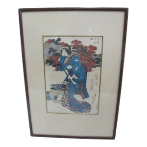 Kikugawa Eizan Japanese Antique Framed Wood Block Print Bijin With Shamisen
