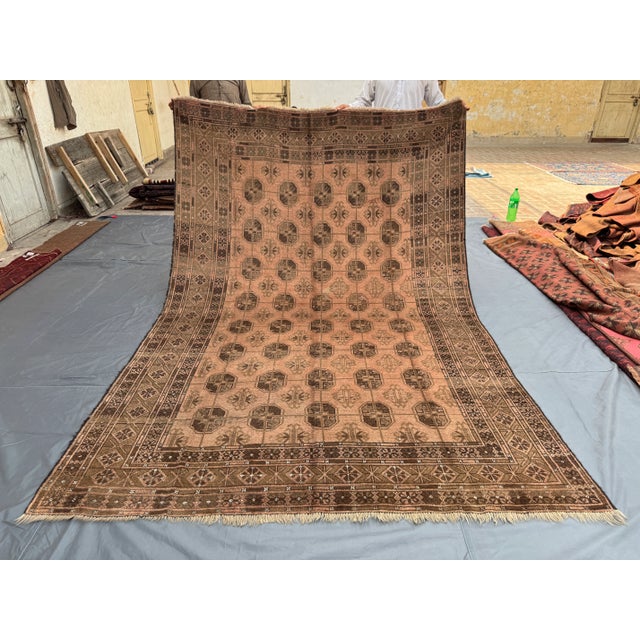Vintage Afghan Hand-Knotted Tribal Rug, Brown & Beige Geometric Nomadic Wool Pile Rug For Sale - Image 9 of 13