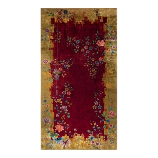 1920s Large Long Narrow Antique Red Shah Abbas Floral Chinese Art Deco Rug For Sale