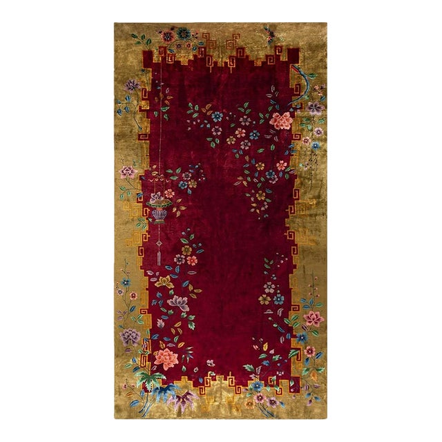 1920s Large Long Narrow Antique Red Shah Abbas Floral Chinese Art Deco Rug For Sale