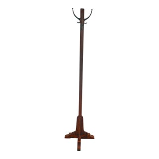Antique Mission Style Solid Oak Standing Hall Tree With Four Double Hooks For Sale