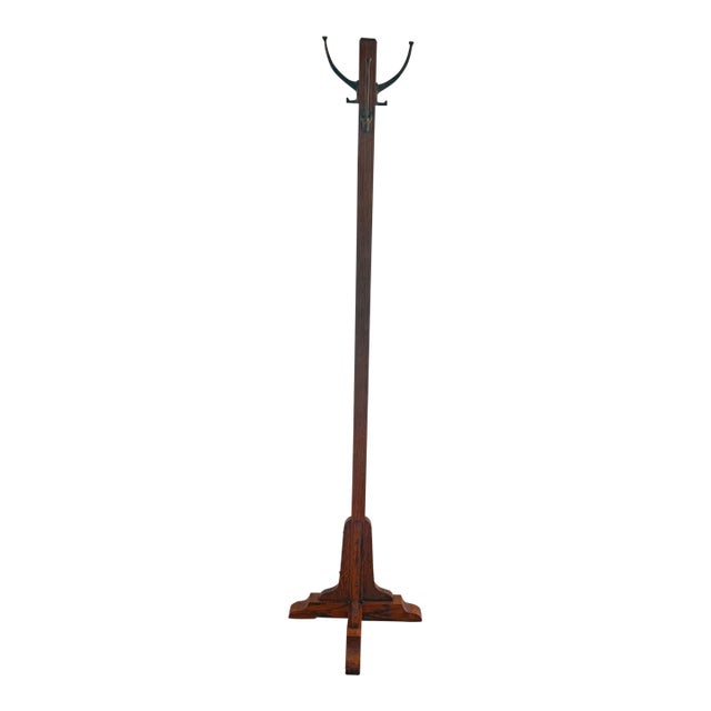 Antique Mission Style Solid Oak Standing Hall Tree With Four Double Hooks For Sale