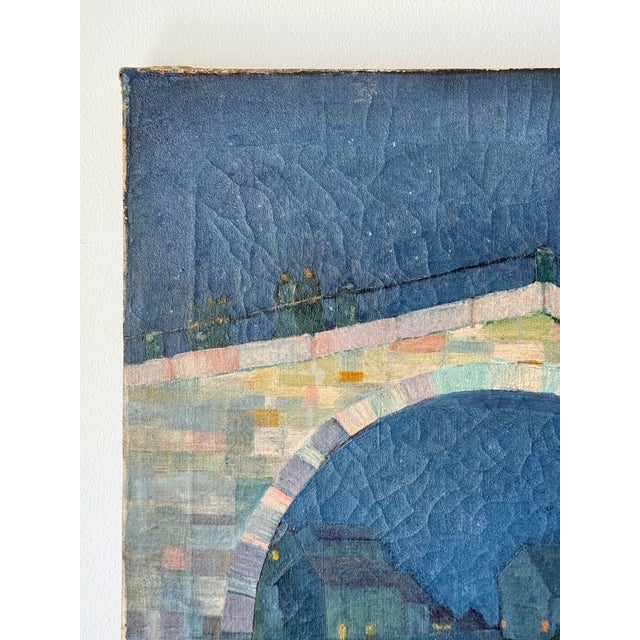 Figurative Vintage Oil on Canvas European River Town at Night For Sale - Image 3 of 14