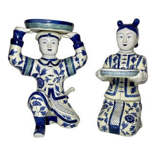 Mid-20th Century Chinese Hand-Painted Porcelain Court Figures – Pair For Sale