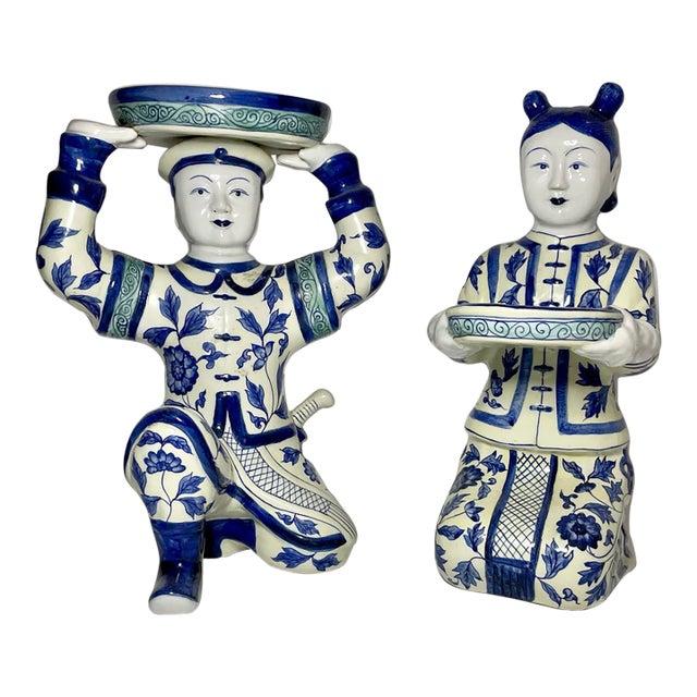 Mid-20th Century Chinese Hand-Painted Porcelain Court Figures – Pair For Sale