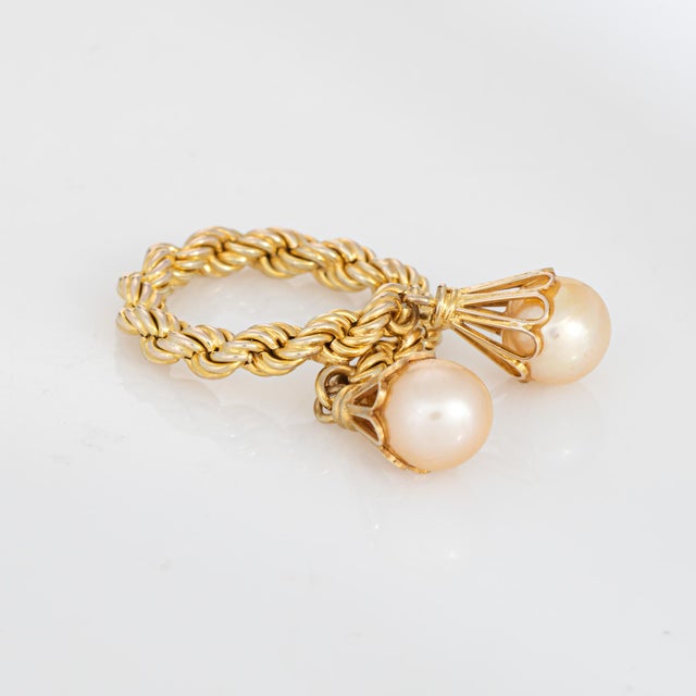 Modern Cultured Pearl Charm Ring 70s Vintage 14k Yellow Gold Rope Flex Band Sz 6 For Sale - Image 3 of 6