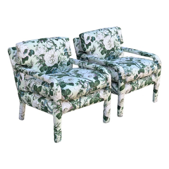 Vintage Parsons Chairs Reupholstered in Schumacher Floral Fabric For Sale