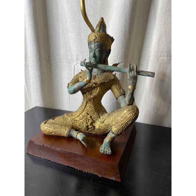 Figurative Vintage Asian James Mont Style Gilt Metal Asian Deity Lamp. For Sale - Image 3 of 10