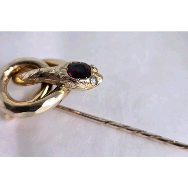 Pink Antique Victorian 9ct Gold Garnet and Diamond Serpent Stickpin, 1890s For Sale - Image 8 of 16